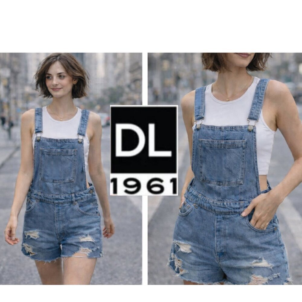 DL1961 Cara Denim Short Overalls Romper Distressed Blue Jumpsuit size Medium